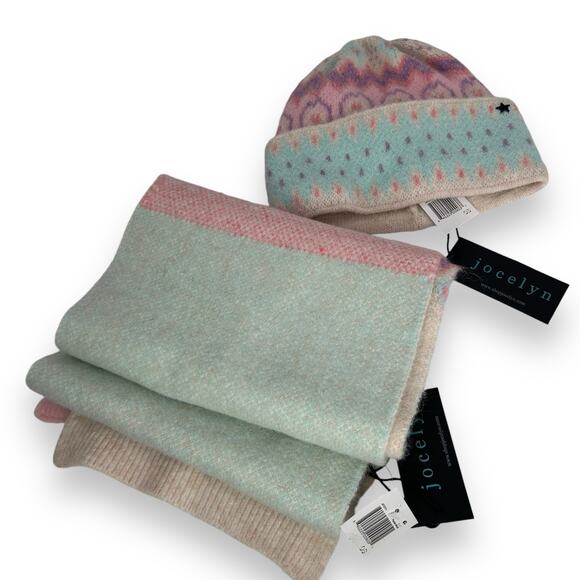 NEW Jocelyn Brand Scarf & Hat Set Pastel Winter Fair Isle Print Wool Blend NWT - Picture 16 of 16
